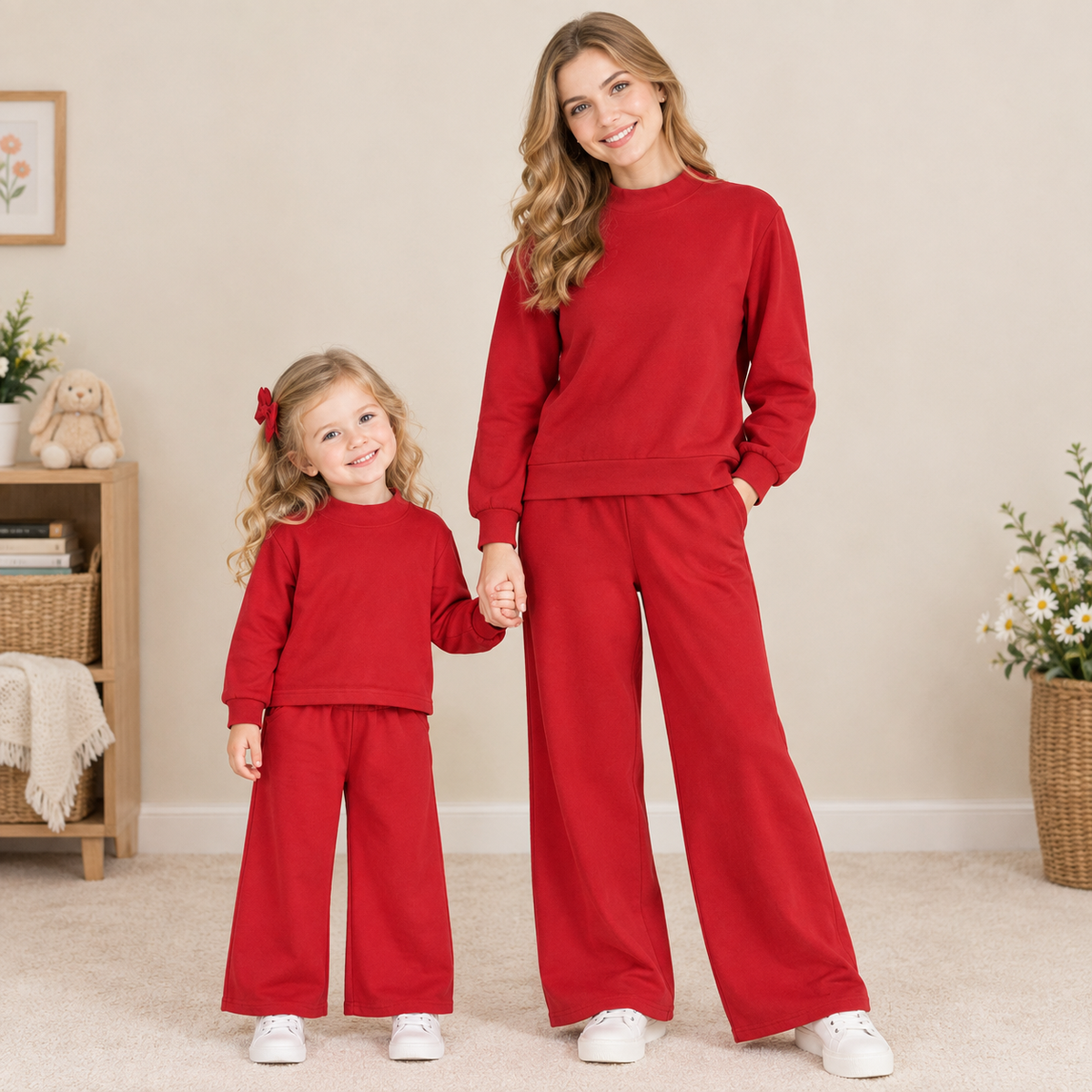 RTS NO MOQ Sibling cotton Adult To Match Kids High Neck Red Mock Neck Long Sleeve Top Wide Leg Pants Set