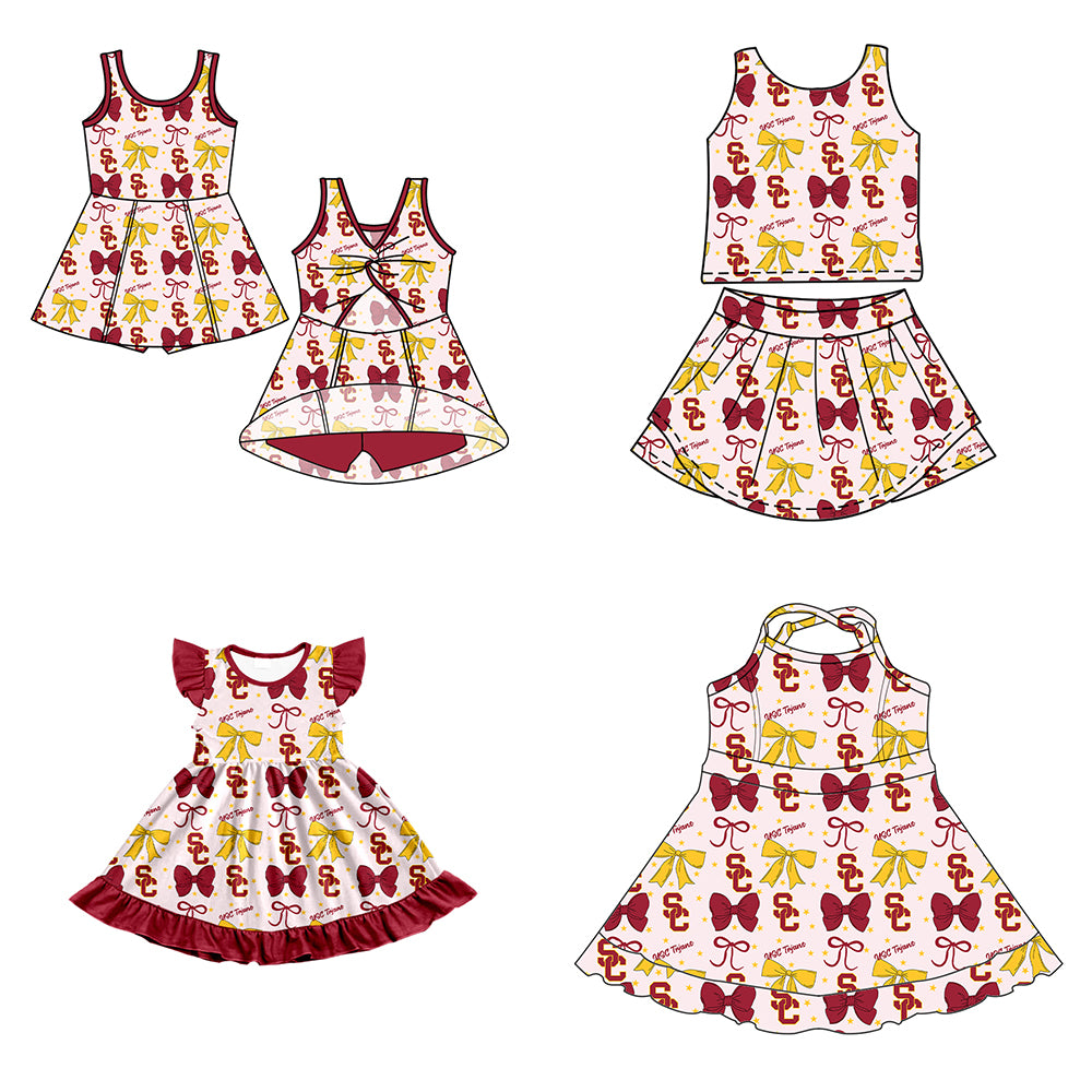 Custom moq 5 mix size milk silk summer teams baby girls clothes team bow brick red sleeveless skirts sets and dress 1 and dress 2 and dress 3-25.6.25