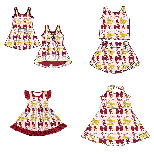 Custom moq 5 mix size milk silk summer teams baby girls clothes team bow brick red sleeveless skirts sets and dress 1 and dress 2 and dress 3-25.6.25