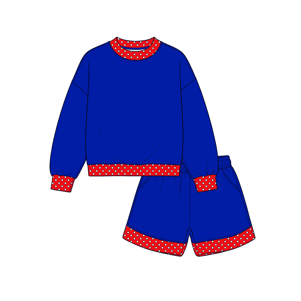 Custom moq 5 cotton fabric girls sets Blue and red long-sleeve top and shorts set blank offer custom logo sets