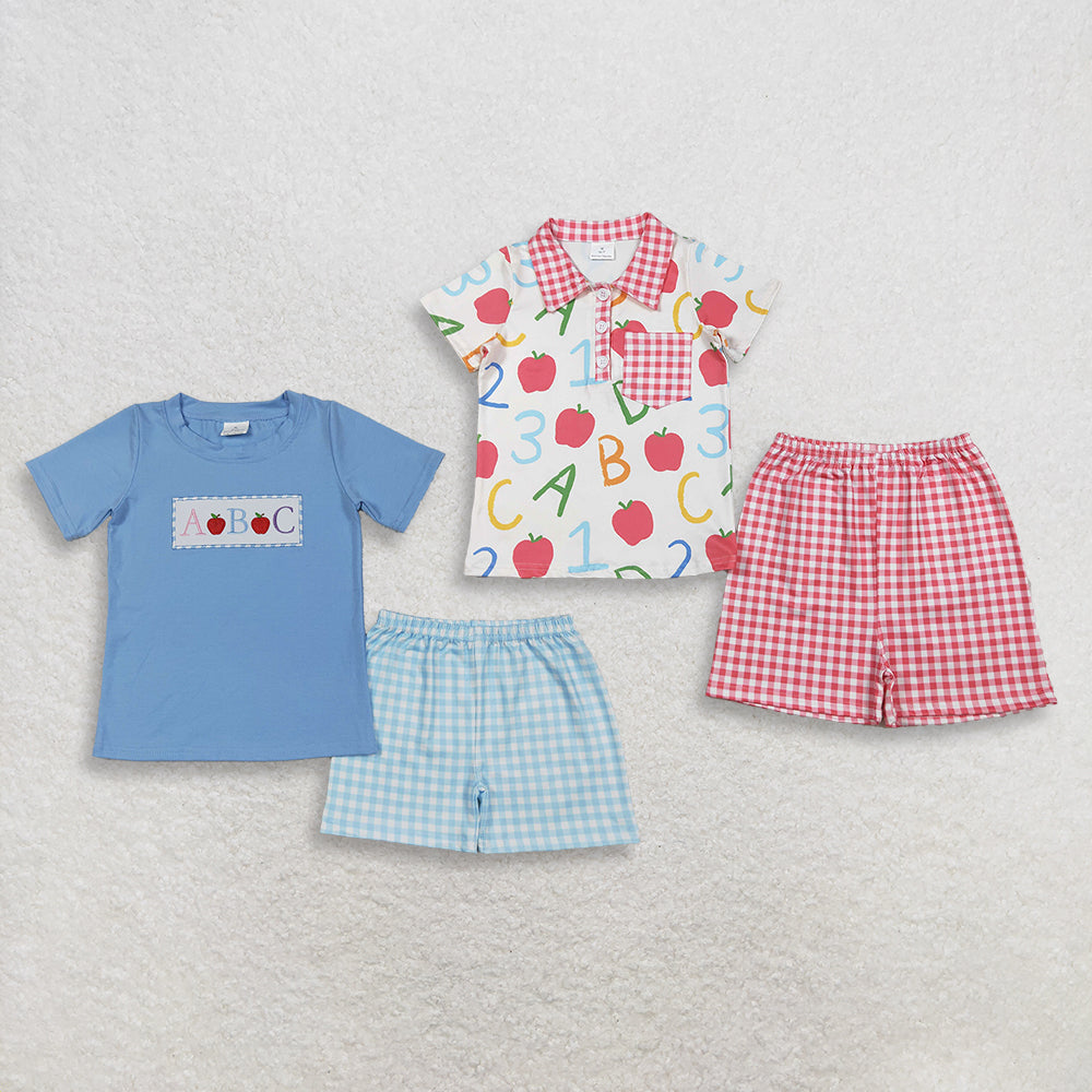 RTS NO MOQ Sibling Baby Boys Apple ABC Print Top with Plaid Shorts Back to School Outfit Set for Infants