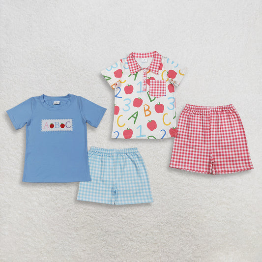 RTS NO MOQ Sibling Baby Boys Apple ABC Print Top with Plaid Shorts Back to School Outfit Set for Infants