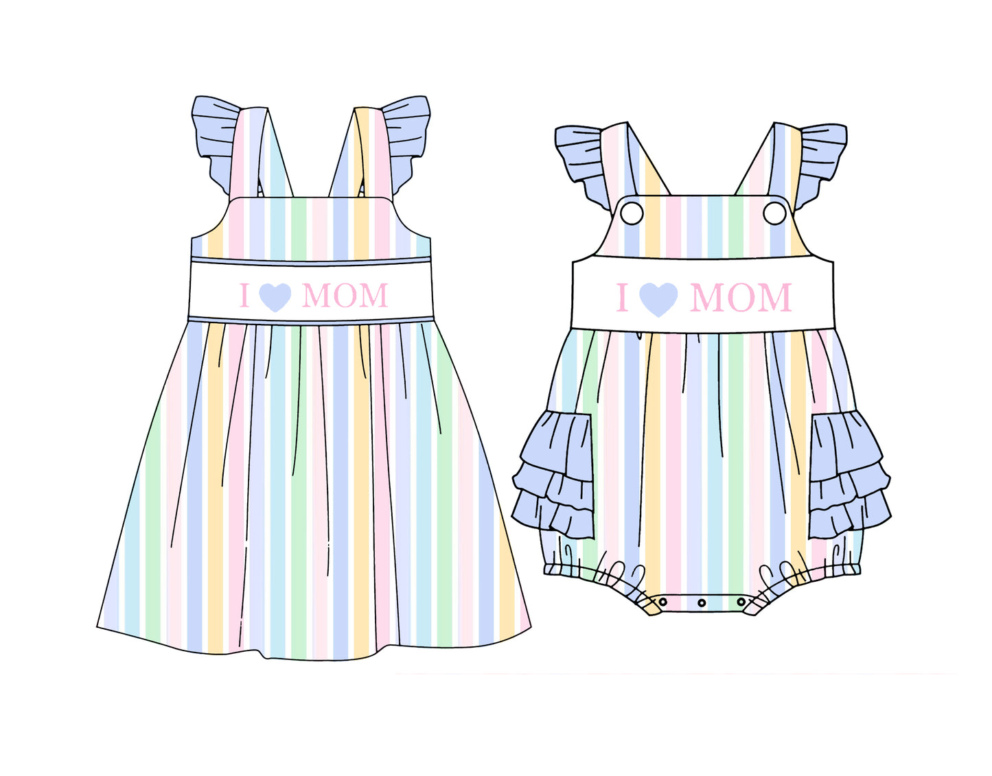 Custom moq 5 mix size Sibling I Love Mom Striped Sleeveless Romper for Baby Girls Cute And Comfortable Summer Outfit for Little Ones