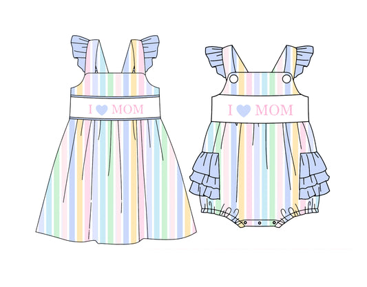 Custom moq 5 mix size Sibling I Love Mom Striped Sleeveless Romper for Baby Girls Cute And Comfortable Summer Outfit for Little Ones