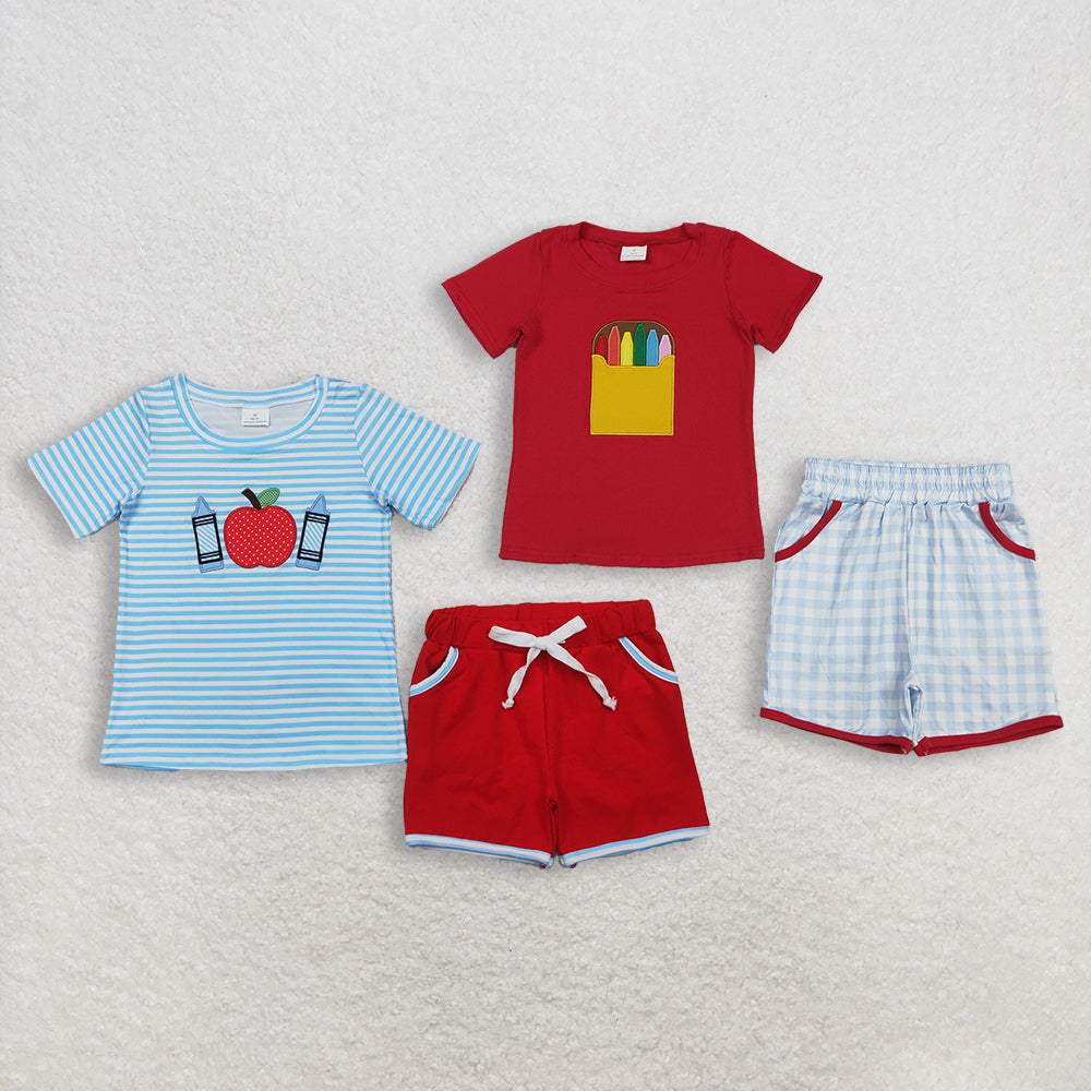 RTS NO MOQ Sibling Embroidery Baby Boys Short Sleeve Shirt Top And Shorts Clothing Back to School Set