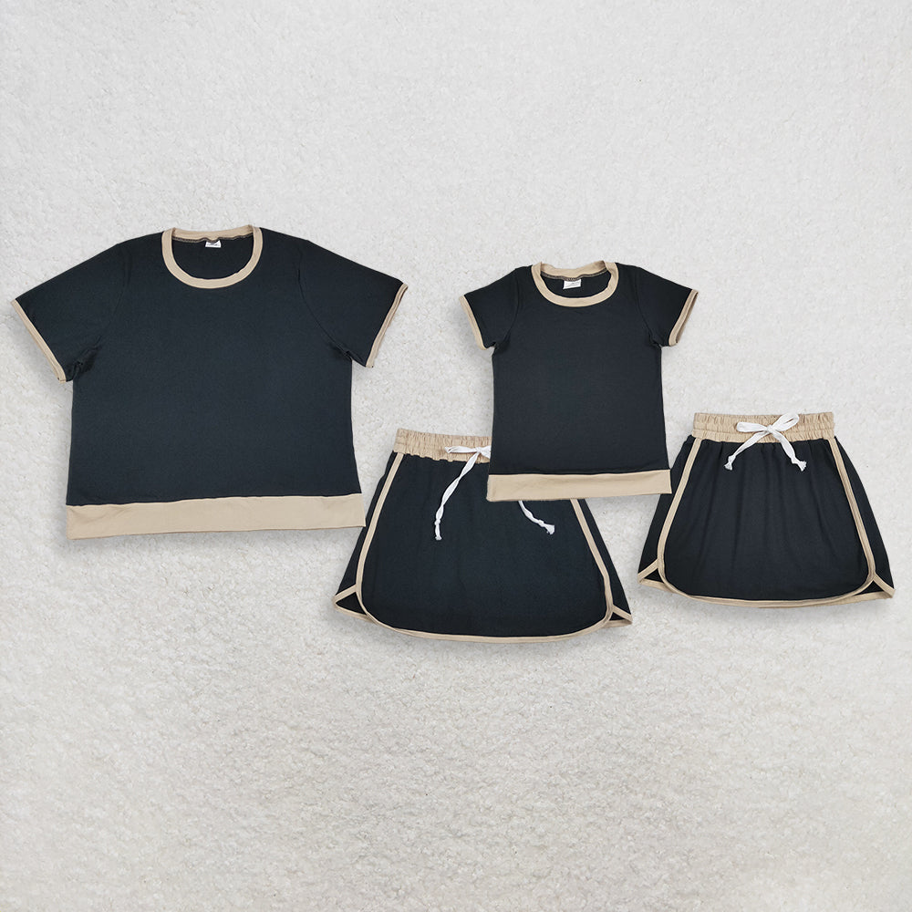 RTS NO MOQ Sibling  Mom And Me Black Short Sleeve Top Skirt Shorts for Summer Casual Wear Cotton Clothes Set