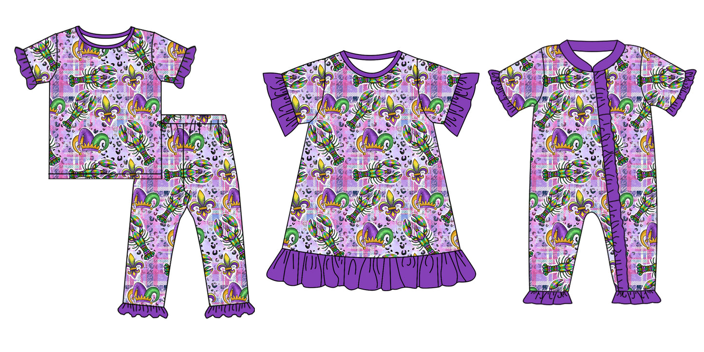 11.22 custom each style moq 5eta 4-6week Sibling Sister Mardi gras baby girl sets and dress and rompers match family design