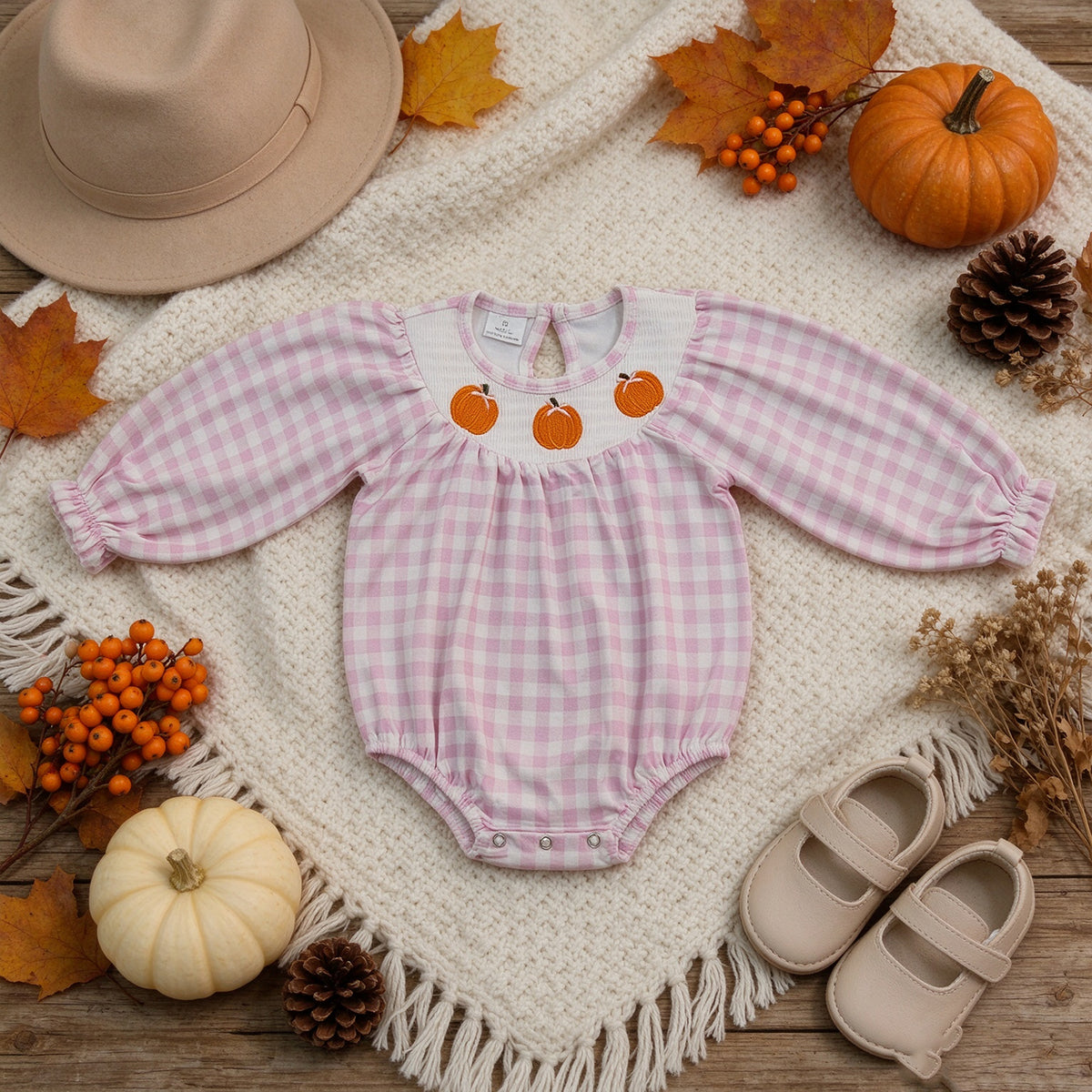 NEW RTS NO MOQ milk silk LR3106 Smocked Baby Girls Pink Checked Pumpkin Print Long Sleeve Ruffle Cute Romper