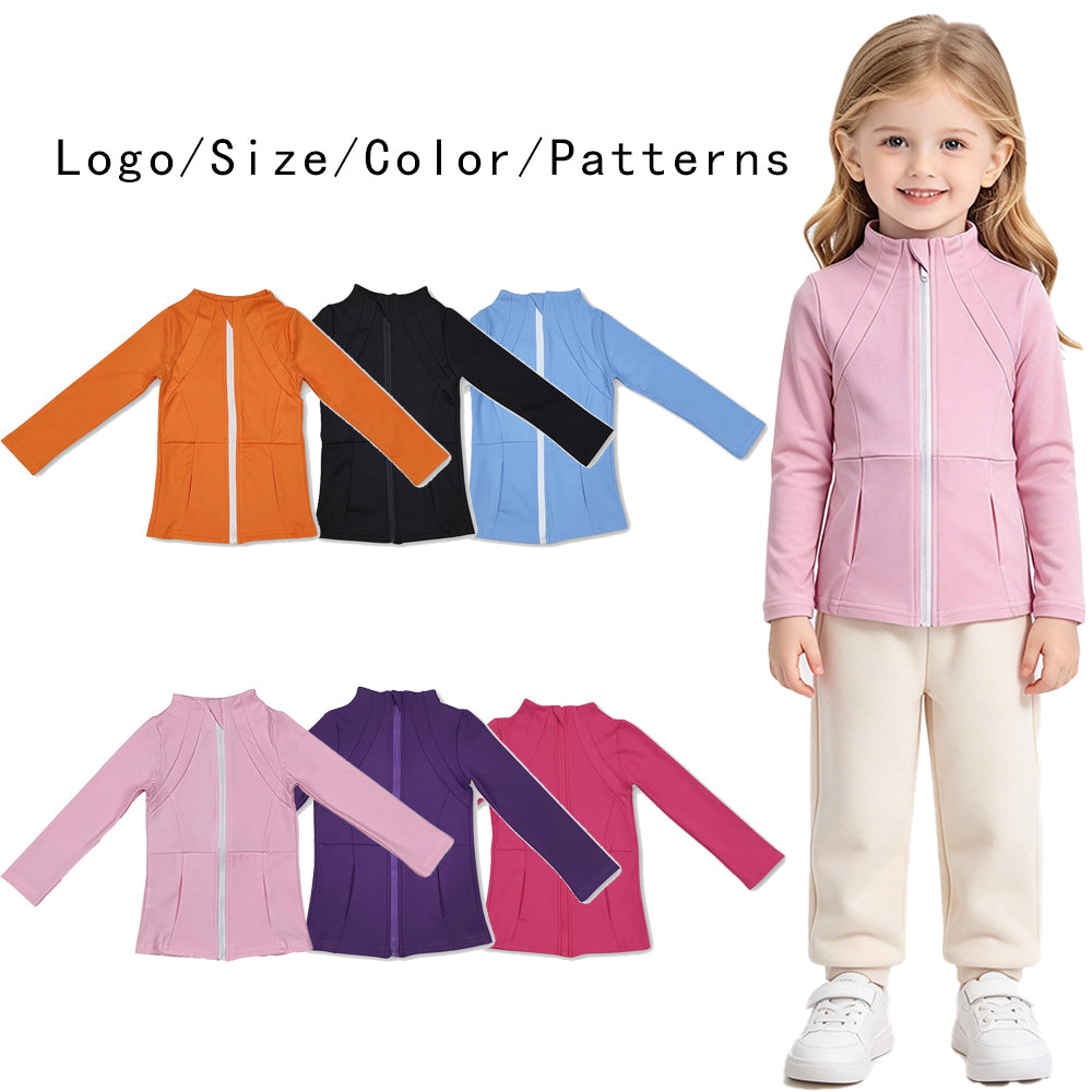 RTS NO MOQ Sibling yoga fabric cotton Baby Girls Solid Full Zip Stand Collar Long Sleeve Jacket With Side Pockets Yoga Jacket