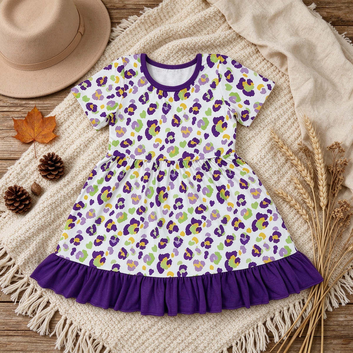 NEW RTS NO MOQ milk silk GSD4321 Baby Girls Leopard Print Short Sleeve Ruffle Knee Length Holiday Dress