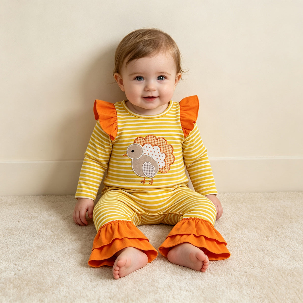 NEW RTS NO MOQ milk silk LR3144 Embroidery Baby Girls Orange Stripe Turkey Print Ruffle Romper Thanksgiving Outfit
