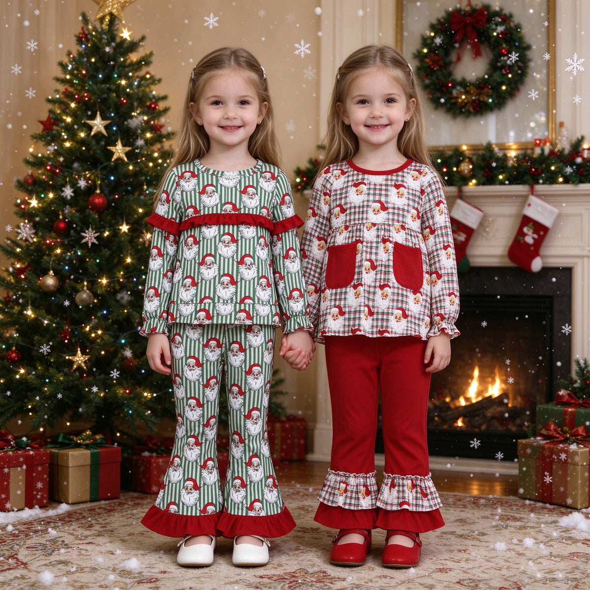 Baby Girls Christmas Santa Ruffle Set Collection - Green Stripe Flare Pants & Red Plaid Pockets