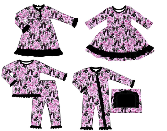 25.7.26 custom each style moq 5 eta 4-6week Sibling Sisters bow baby girl long sleeve pants sets and romper and dress 1 and dress 2 match family design