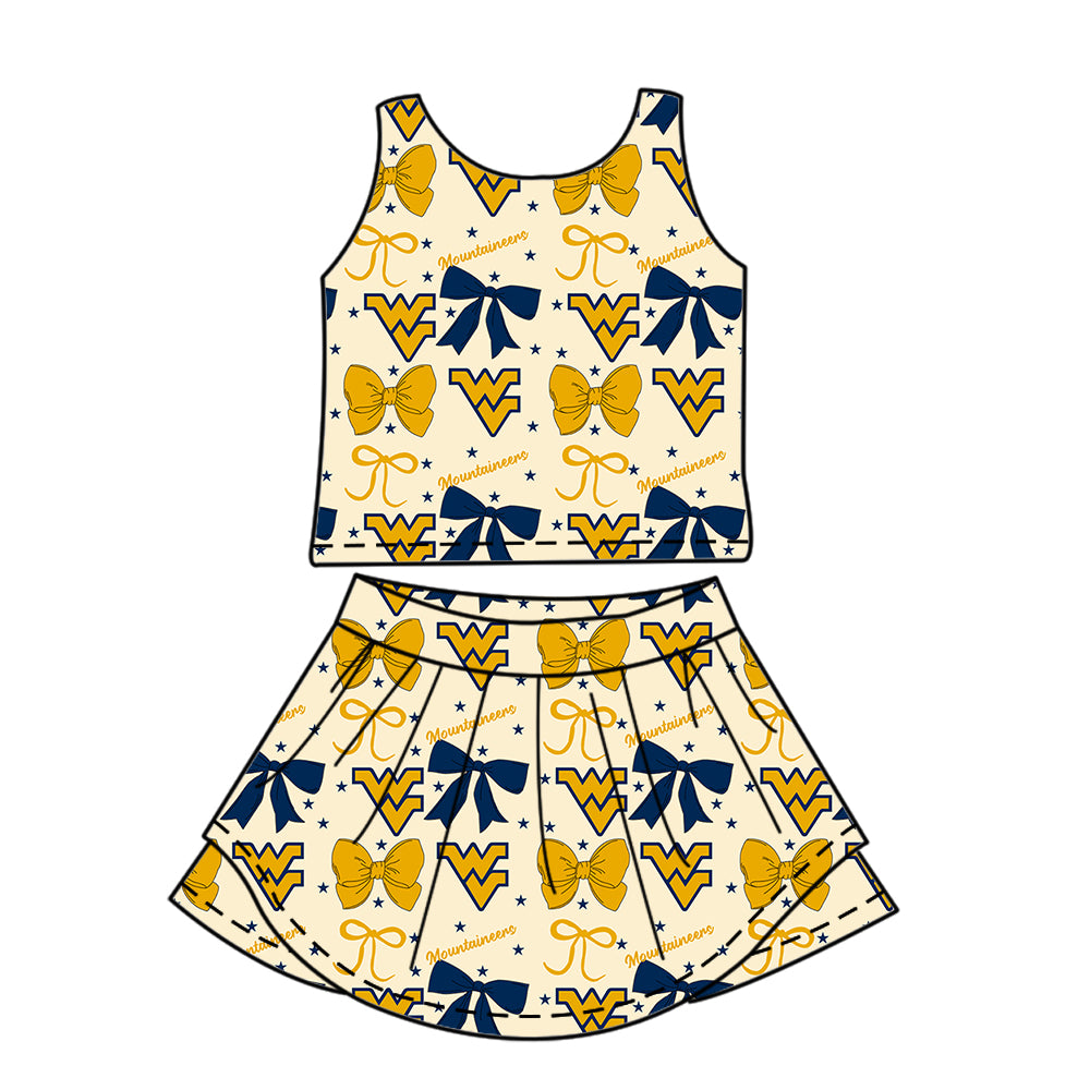 Custom moq 5 mix size milk silk summer teams baby girls clothes team bow yellow sleeveless skirts sets and dress 1 and dress 2 and dress 3-25.6.24