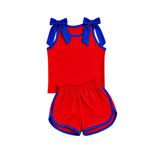 custom moq 5 mix size Baby Girls Blue Bow Sleeveless Red Top Shorts Team Athletic Set