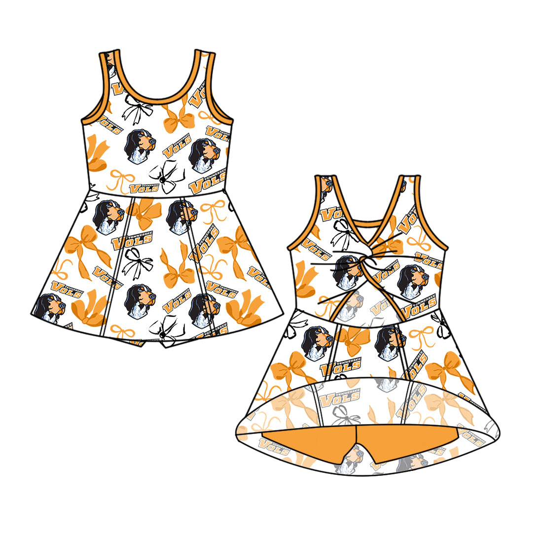 Custom moq 5 mix size milk silk summer teams Baby Girls Orange Bow Vest Top Skirt Shorts Sets Sleeveless Knee Length Dresses Yoga Shorts Yoga Active Outfit