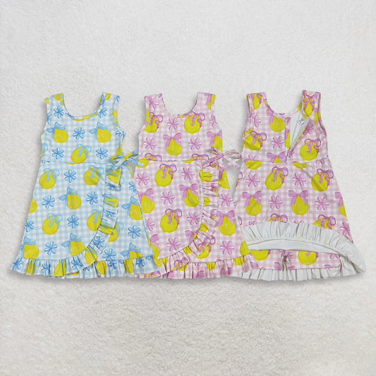 RTS NO MOQ Sibling Baby Girls Checked Bows Lemons Ruffle Yoga Active Shorts Knee-Length Dress