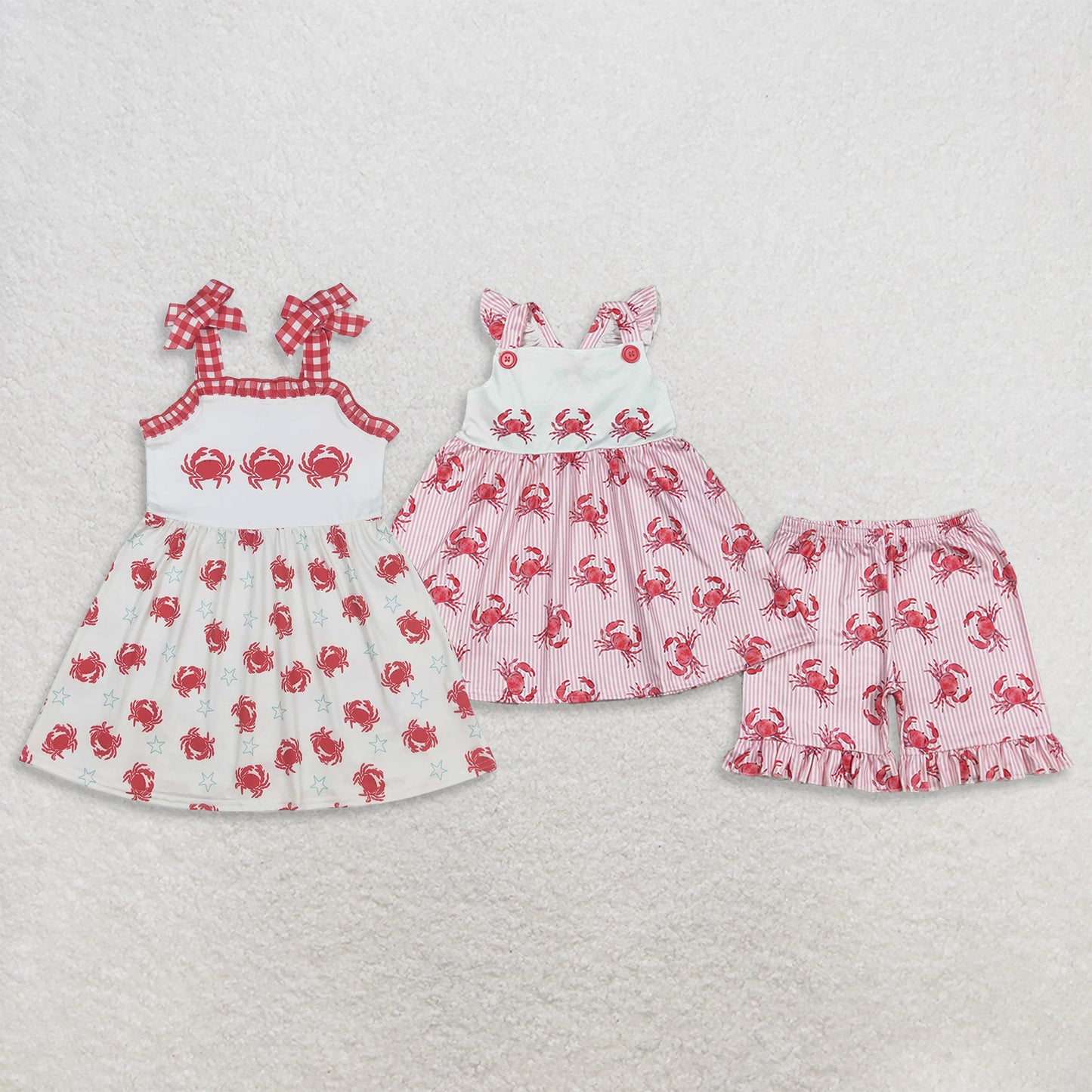 RTS NO MOQ Sibling Baby Girls Pink Stripe Crab Flutter Sleeve Tunic Ruffle Shorts Set Crab Print Strap Dress