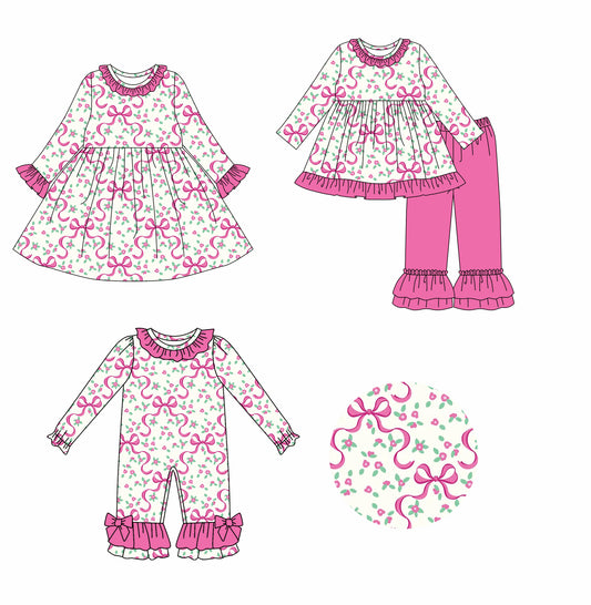 25.9.4 custom each style moq 5eta 4-6week Sibling Sisters bow floral baby girl long sleeve pants sets and dress and rompers match family design