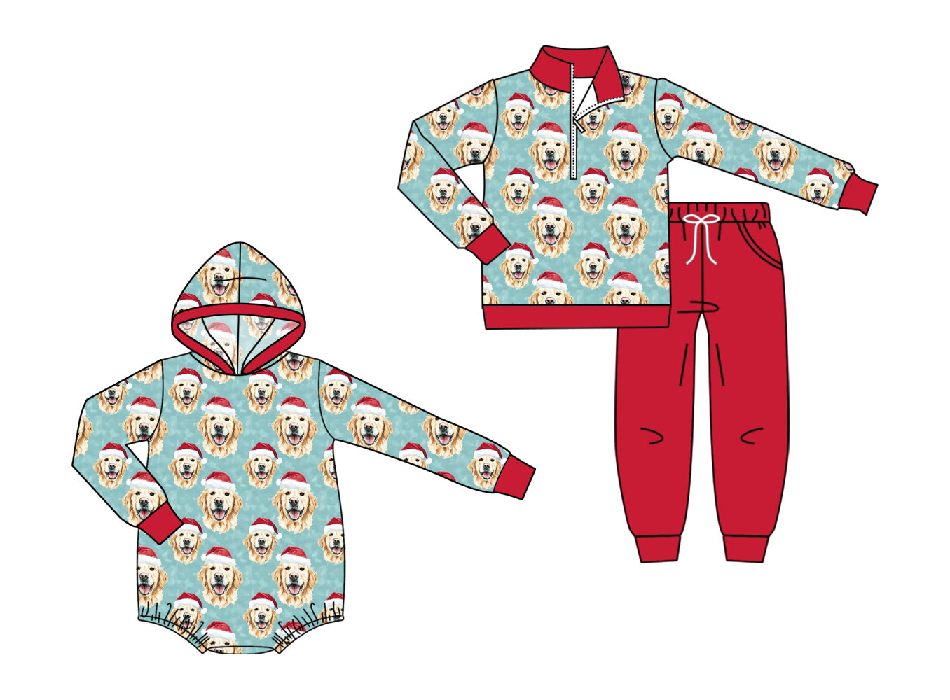 (Preorder new) No moq Baby Boys Christmas Hat Dogs Tree Print Zip Pullover Pocket Top Matching Jogger Set Rompers