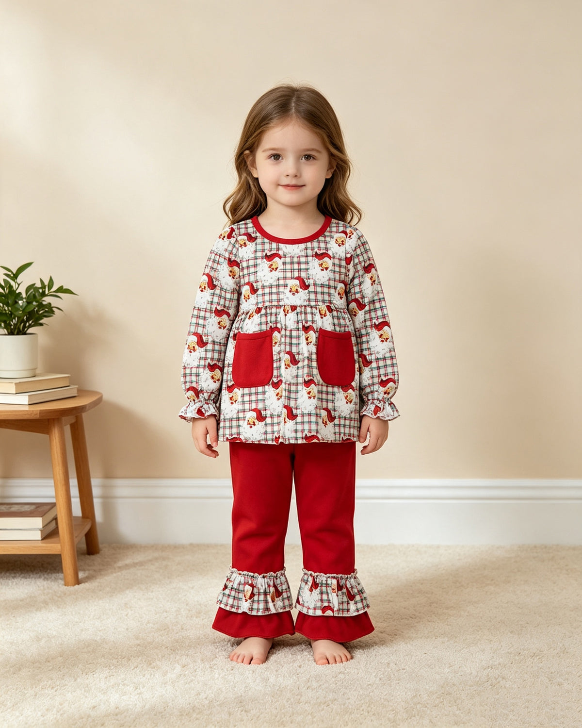 NEW RTS NO MOQ milk silk GLP3457 Baby Girls Red Green Checked Santa Print Pocket Long Sleeve Tunic Ruffle Pants Christmas Clothes Set