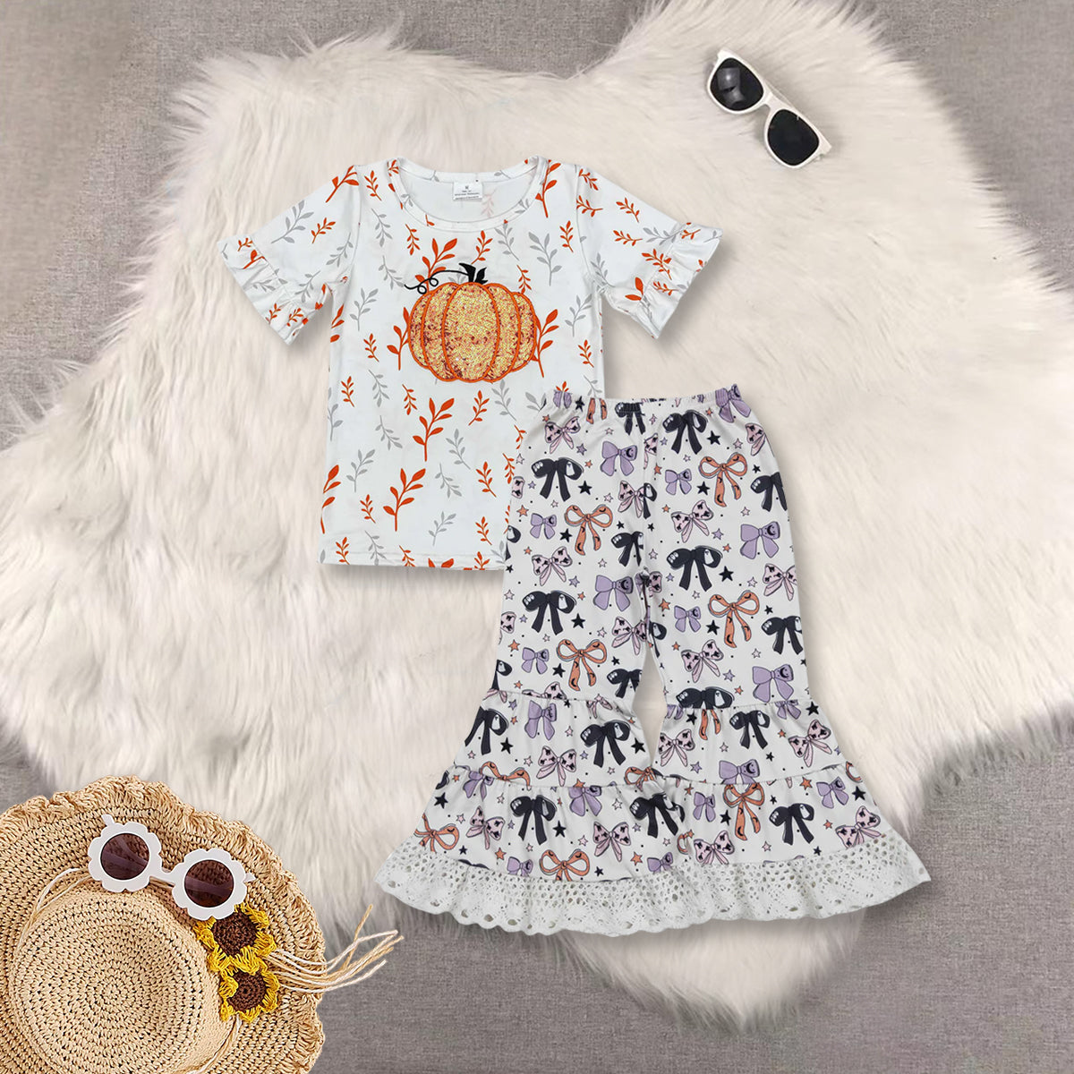 RTS NO MOQ Sibling baby girls clothes halloween pumpkin orange short sleeve pant sets and Top and pants