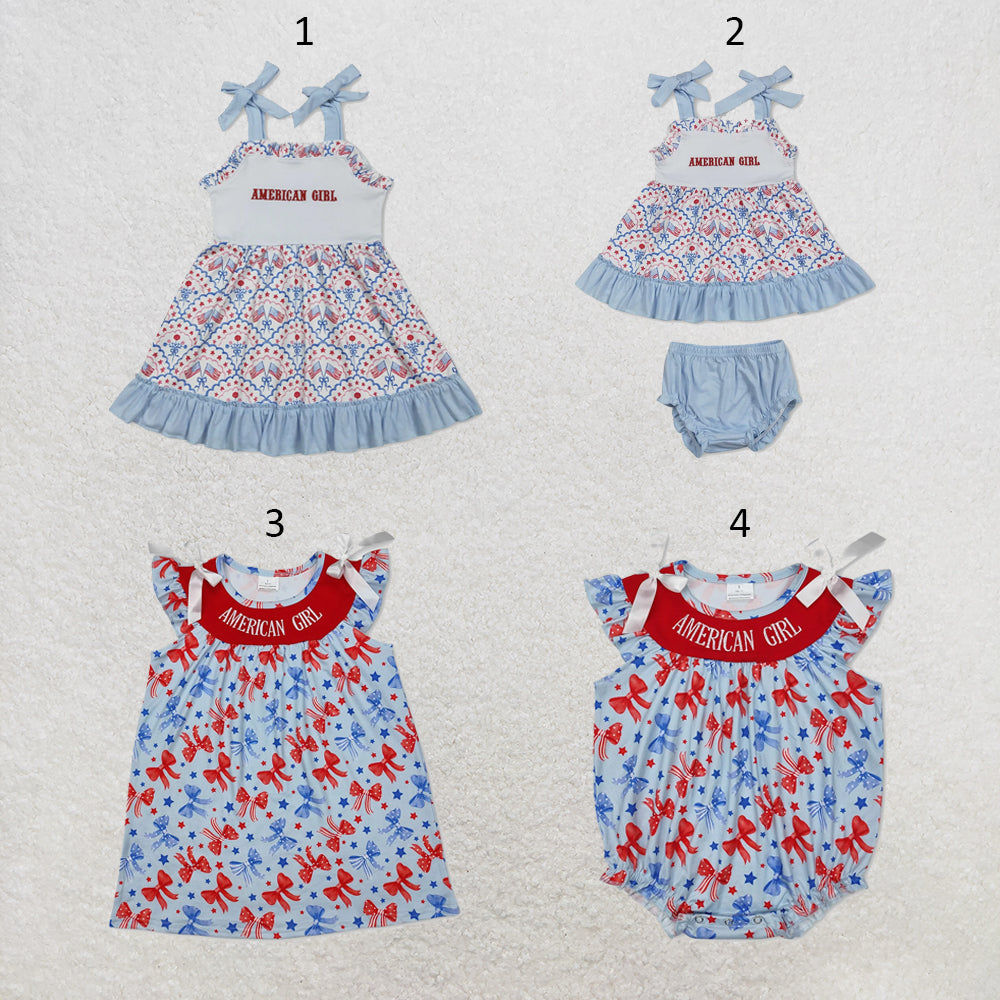 RTS NO MOQ Sibling milk silk Baby Girl 4th of July Embroidery Flag Strap Bow Ruffle Knee Length Dress Rompers