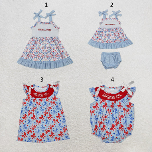 RTS NO MOQ Sibling milk silk Baby Girl 4th of July Embroidery Flag Strap Bow Ruffle Knee Length Dress Rompers