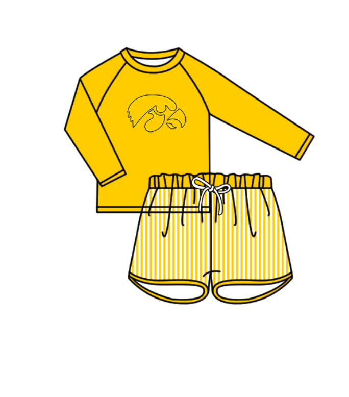 Custom moq 5 mix size milk silk summer teams baby girl boys clothes Yellow Two-Piece Swimsuit Set One Piece Swimsuits boy swim trunks