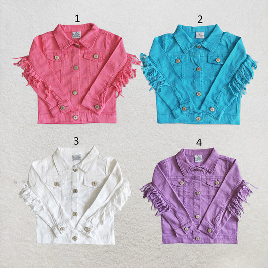 RTS NO MOQ Sibling cotton Baby Girls Solid Color Tassel Long Sleeve Denim Jacket Casual Coat