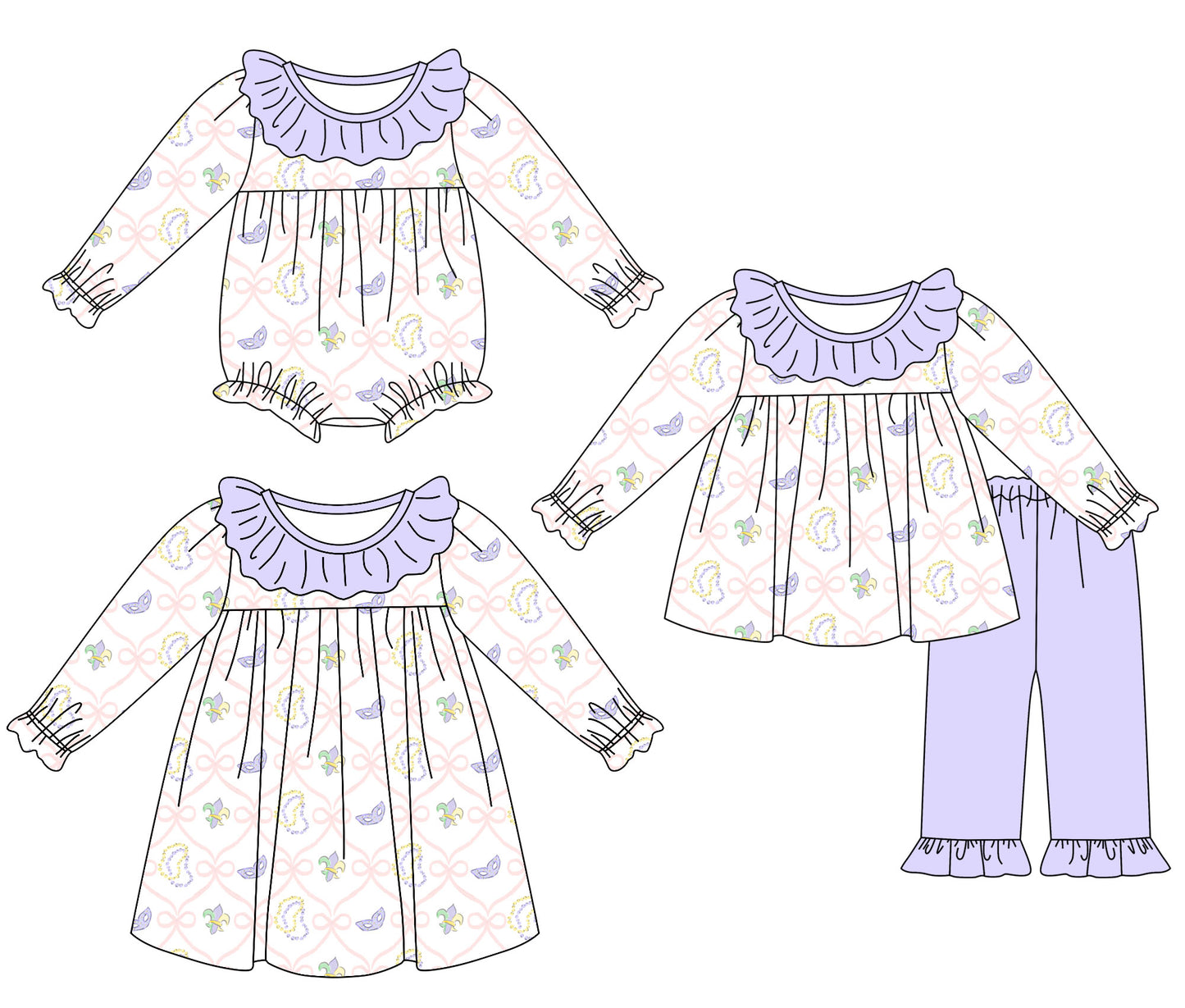 25.10.14 custom each style moq 5 eta 6-8week Sibling Sisters mardi gras floral baby girl long sleeve pants sets and dress and rompers match family design