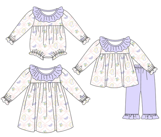 25.10.14 custom each style moq 5 eta 6-8week Sibling Sisters mardi gras floral baby girl long sleeve pants sets and dress and rompers match family design
