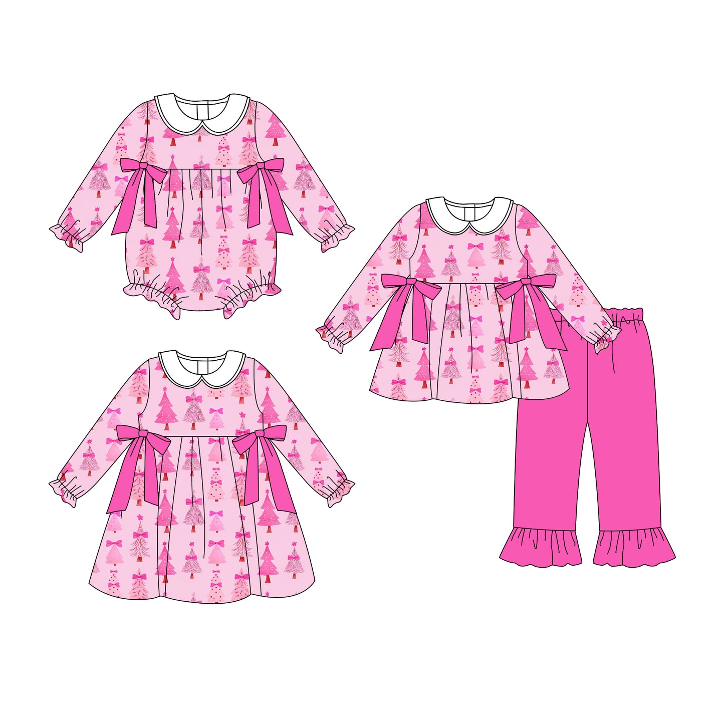25.7.9 custom each style moq 5eta 4-6week Sibling Sisters Christmas trees bow baby girl long sleeve pants sets and dress and rompers match family design