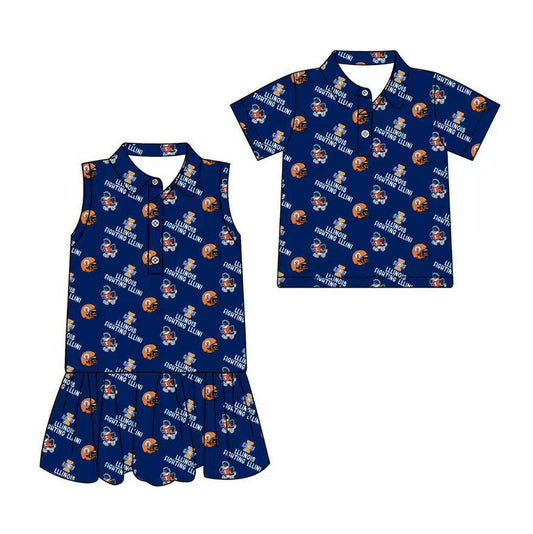 Custom moq 5 mix size milk silk summer teams Navy Blue Sleeveless Dress for Baby Girl Short-Sleeved Polo Shirt for Boy