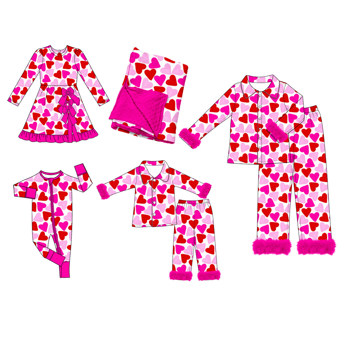 (Preorder new) No moq Adult To Match Kids Pink Red Hearts Button Top Pant Valentines Fur Sleeves Pajamas Sets Romper Blankets Dress