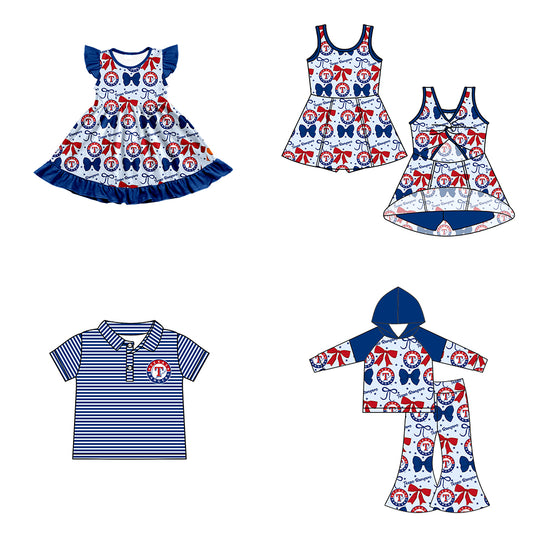 Custom moq 5 mix size milk silk summer teams baby girls clothes team bow blue long sleeve hooded pants sets and dress 1 and dress 2 and top-25.6.17