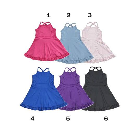 RTS NO MOQ Sibling yoga fabric cotton Baby Girls Fashion Solid Color Sleeveless Strap Knee Length Dresses