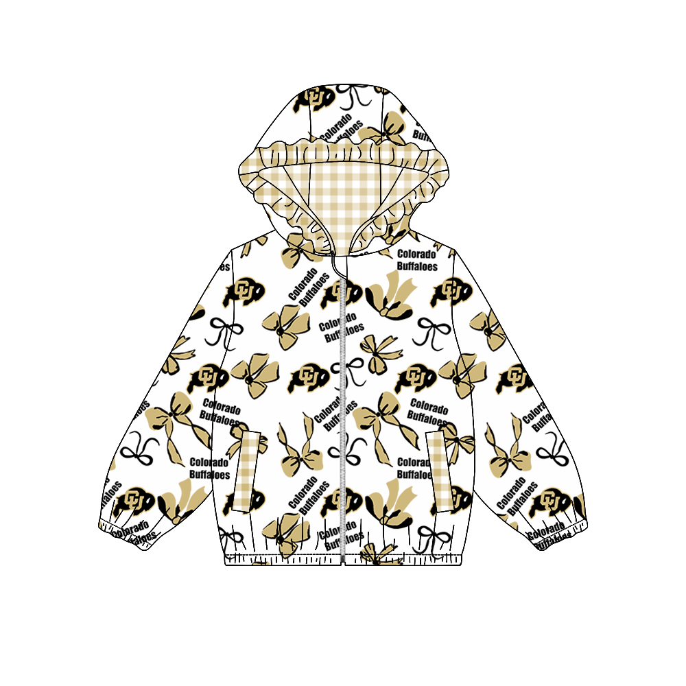 custom moq 5 mix size XFC070901 Baby Girls Bow Pocket Zip Team Print Long Sleeve Hoodie Casual Top
