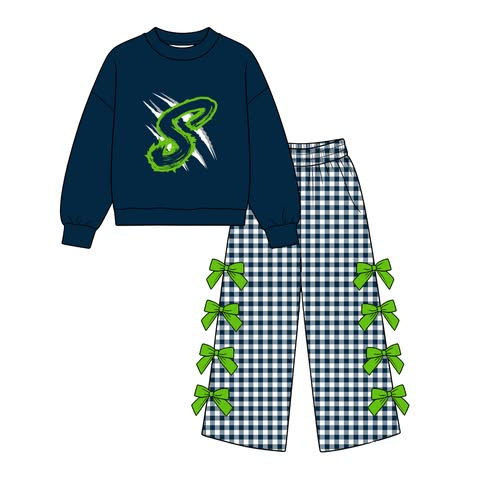 custom moq 5 mix size BM0102 Adult Team Long Sleeve Top And Checkerboard Bow Wide Leg Pants Set