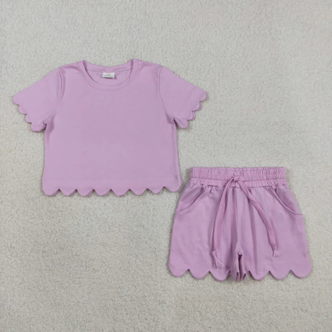 Best Sell RTS Baby Girls Pink Cotton Scallop Top with Pockets And Shorts Set Short Sleeve Outfit for Little Girls Pink Clothes Set