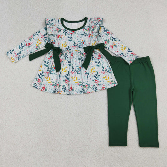 RTS NO MOQ（In Stock) 3/6M-5/6T GLP2476 Leaf Green Bow Lace Long Sleeve Trouser Set