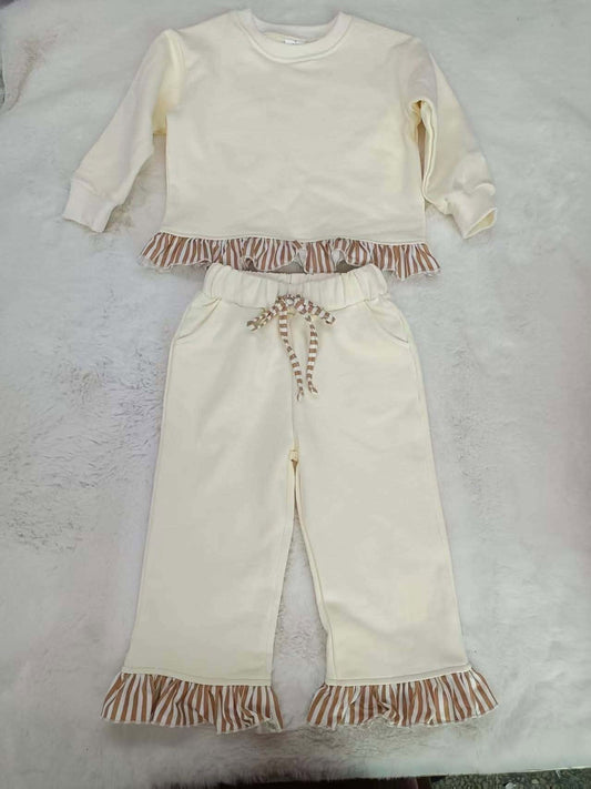 (Preorder new) No moq winter cotton thick fleece cotton Kids Girls Cream Solid Long Sleeve Top With Brown Stripe Ruffle Hem Matching Drawstring Ruffle Flare Pants Toddler Fall Two Piece Outfit