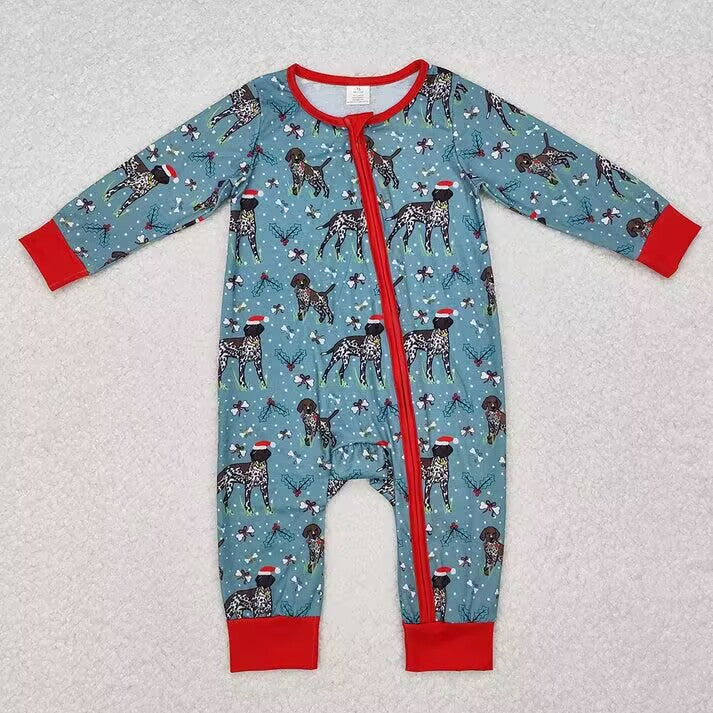 RTS NO MOQ  Leopard Christmas Puppy Teal Long Sleeve Suit & Climbing Suit