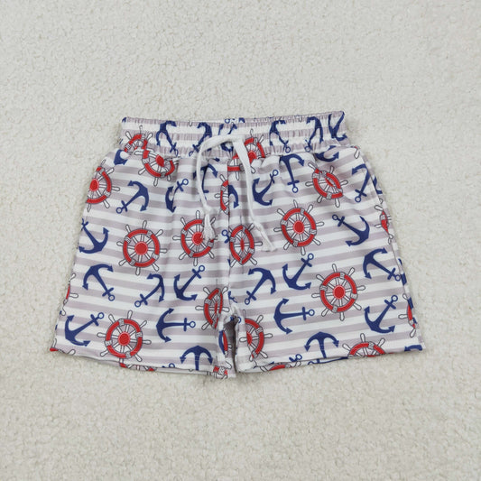 RTS NO MOQ（In Stock) Anchor and Ship's Wheel Gray Striped Swim Trunks