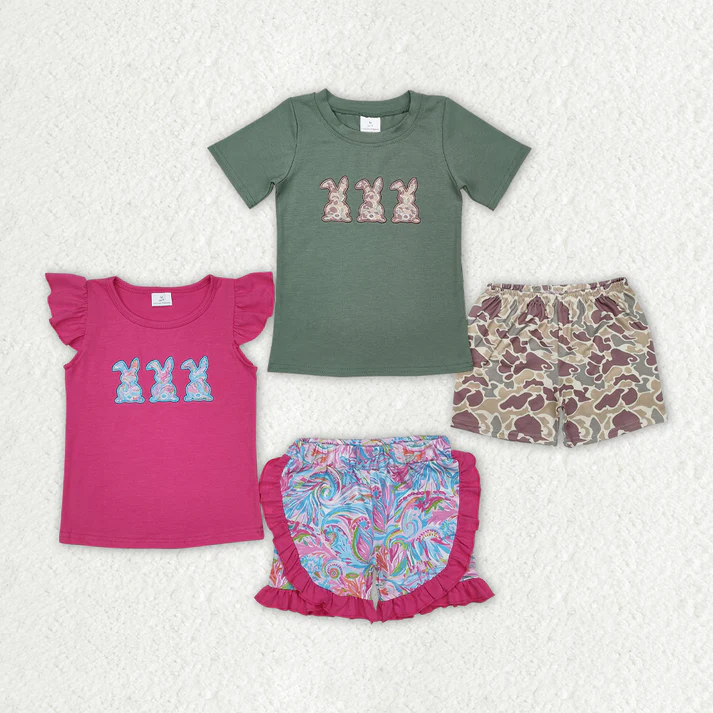 RTS NO MOQ easter embroidery short-sleeved shorts suit & short-sleeved sets