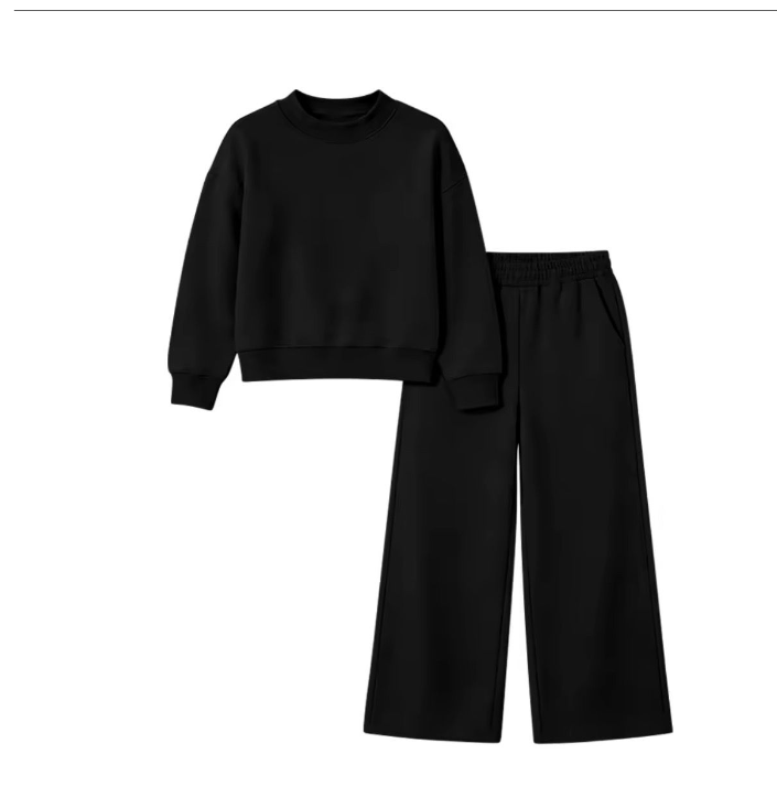 custom moq 5 mix size ALLIE0101 Adult To Match Kids Simple Sweatshirt Black Plain Sweats Black Long Sleeve Top Pant Sets