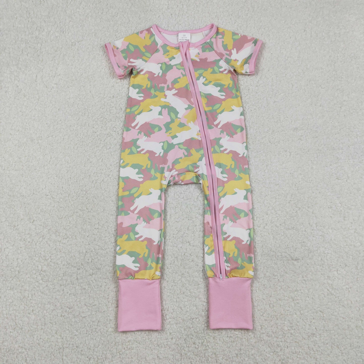 RTS NO MOQ（In Stock ) SR3715 Rabbit Camouflage Pink Zipper Short-Sleeve Jumpsuit