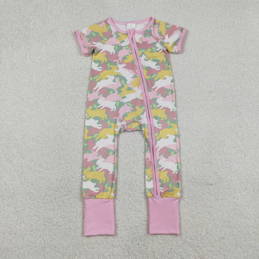 RTS NO MOQ（In Stock ) SR3715 Rabbit Camouflage Pink Zipper Short-Sleeve Jumpsuit