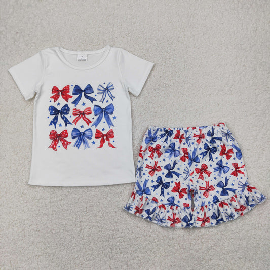 RTS NO MOQ GSSO2512 National Day star bow pattern white short-sleeved shorts set