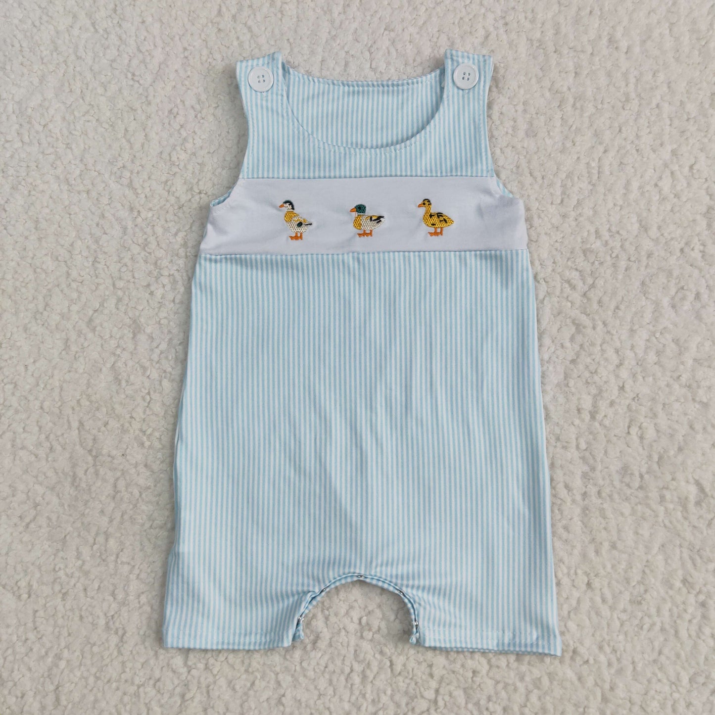 RTS NO MOQ SR2991 Embroidered smocked duck blue striped sleeveless bodysuit